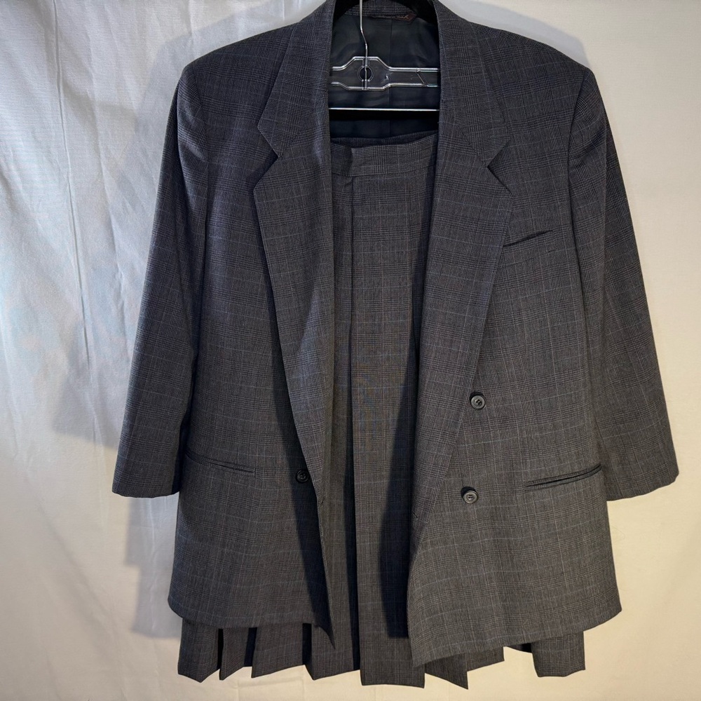 Vintage Cricketeer Woman Grey Plaid Suit Button Front Blazer Zip Back Skirt S 14